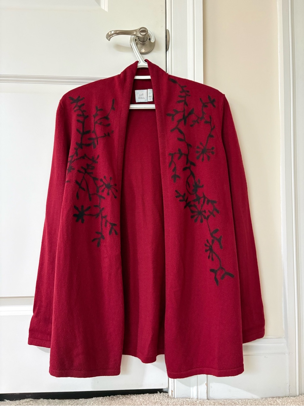 J. Jill Red Open-Front Cardigan with Black Floral Detail